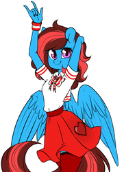 Size: 885x1221 | Tagged: safe, alternate version, artist:laity, oc, oc only, oc:lucid heart, pegasus, anthro, clothes, cute, cutie mark on clothes, devil horn (gesture), eyestrain warning, female, needs more saturation, school uniform, schoolgirl, simple background, skirt, skirt lift, solo, stockings, thigh highs, white background, wings