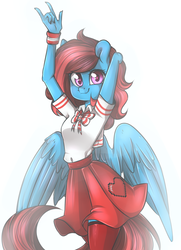 Size: 885x1221 | Tagged: safe, alternate version, artist:laity, oc, oc only, oc:lucid heart, pegasus, anthro, clothes, cutie mark on clothes, devil horn (gesture), female, heart eyes, school uniform, schoolgirl, solo, wingding eyes