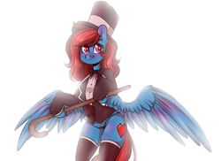 Size: 1274x925 | Tagged: safe, artist:laity, oc, oc only, oc:lucid heart, pegasus, pony, semi-anthro, blushing, cabaret, cane, female, hat, looking at you, solo