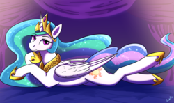 Size: 1280x758 | Tagged: safe, artist:swiftsketchpone, princess celestia, alicorn, pony, g4, female, looking at you, lying down, prone, smiling, solo