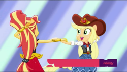Size: 1366x768 | Tagged: safe, screencap, applejack, sunset shimmer, equestria girls, equestria girls specials, g4, my little pony equestria girls: dance magic, clothes, cowboy hat, cute, dancing, discovery family logo, duo, flamenco dress, hat, holding hands, jackabetes, ponied up, shimmerbetes, sunset shimmer flamenco dress, tutu
