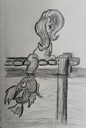 Size: 1280x1909 | Tagged: safe, artist:shoeunit, fluttershy, magikarp, pegasus, pony, g4, :o, biting, crossover, female, fishing, lidded eyes, looking back, magikarp jump, mare, monochrome, open mouth, pencil drawing, pokémon, sitting, solo, tail bite, tail fishing, traditional art, wat