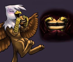 Size: 1280x1093 | Tagged: safe, artist:msuzira, gilda, oc, oc:kole miner, earth pony, griffon, pony, g4, beak, bread, burger, carnivore, duo, eating, female, fetish, flying, food, gildapred, griffons doing griffon things, happy, imminent vore, male, meat, micro, mouth, offscreen character, paws, pov, shrunk, size difference, smiling, stallion, tail, talons, tongue out, unaware, wings