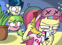 Size: 1378x999 | Tagged: safe, artist:psychodiamondstar, indigo zap, lemon zest, pinkie pie, sour sweet, equestria girls, g4, my little pony equestria girls: friendship games, banana, cellphone, chewing, clothes, eating, fangirl, food, in-universe pegasister, phone, sleepy, smiling, tired