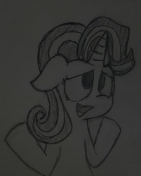 Size: 2544x3163 | Tagged: safe, artist:dark shadow, starlight glimmer, pony, g4, disapproval, female, high res, meh, monochrome, open mouth, shrug, sketch, solo, traditional art