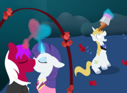 Size: 1024x745 | Tagged: safe, artist:selyte, prince blueblood, rarity, oc, oc:burning passion, pony, unicorn, g4, canon x oc, clothes, dress, eyes closed, female, flower, formal wear, gala dress, kissing, levitation, magic, male, mare, mud, payback, revenge, rose, shipping, stallion, straight, telekinesis