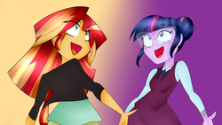 Size: 2560x1440 | Tagged: safe, artist:cosmiickatie, sci-twi, sunset shimmer, twilight sparkle, equestria girls, g4, my little pony equestria girls: friendship games, clothes, deleted scene, duet, glasses, open mouth, scene interpretation, school uniform, singing, what more is out there