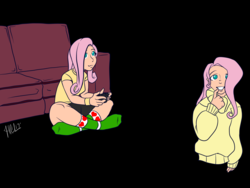 Size: 1500x1125 | Tagged: safe, artist:bastianmage, fluttershy, human, g4, black background, clothes, couch, female, humanized, simple background, socks, solo, sweater, sweatershy, turtleneck, video game