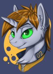 Size: 800x1120 | Tagged: safe, artist:drawponies, oc, oc only, oc:littlepip, pony, unicorn, fallout equestria, abstract background, bust, chest fluff, clothes, ear fluff, fanfic, fanfic art, female, green eyes, horn, jumpsuit, mare, portrait, solo, vault suit