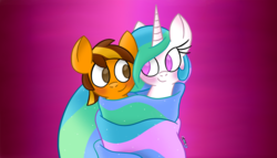 Size: 1300x745 | Tagged: safe, artist:snakeythingy, princess celestia, oc, oc:mercfox, pony, g4, birthday gift, blushing, canon x oc, duo, duo male and female, female, imminent snuggles, looking at each other, male, mane, mare, prehensile mane, stallion, story included, wrapping