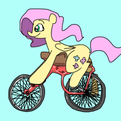 Size: 1280x1280 | Tagged: safe, artist:hotkoin, fluttershy, pegasus, pony, g4, bicycle, female, mare, simple background, solo, teal background