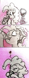 Size: 682x1817 | Tagged: safe, artist:hotkoin, pinkie pie, earth pony, pony, g4, alcohol, dialogue, eating, food, sandwich, wat