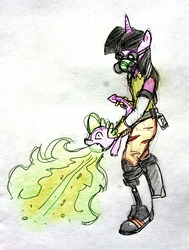 Size: 968x1280 | Tagged: safe, artist:hotkoin, spike, twilight sparkle, dragon, anthro, plantigrade anthro, g4, behaving like a weapon, clothes, fire, fire breath, flamethrower, flamethrower spike, gas mask, mask