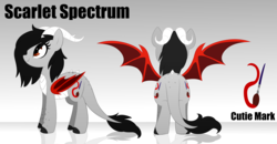 Size: 4526x2352 | Tagged: safe, artist:scarlet-spectrum, oc, oc only, oc:scarlet spectrum, dracony, hybrid, fangs, female, gradient background, high res, horn, mare, rear view, reference sheet, smiling, solo