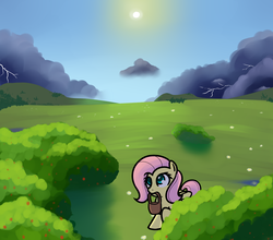 Size: 1280x1128 | Tagged: safe, artist:neuro, fluttershy, pegasus, pony, g4, bag, berry, bush, colored pupils, female, lightning, mare, mouth hold, solo, stormcloud