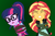 Size: 3000x2000 | Tagged: safe, artist:spottedlions, sci-twi, sunset shimmer, twilight sparkle, equestria girls, g4, bondage, clothes, commission, eyes closed, female, glasses, green background, high res, jacket, open mouth, ponytail, scared, simple background, struggling, trapped, vine, worried