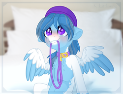 Size: 1823x1391 | Tagged: safe, artist:trickate, oc, oc only, oc:wish, pegasus, pony, beanie, blushing, chest fluff, collar, colored pupils, ear fluff, female, floppy ears, fluffy, hat, leash, mare, mouth hold, pet play, shoulder fluff, solo, spread wings, wing fluff, wings