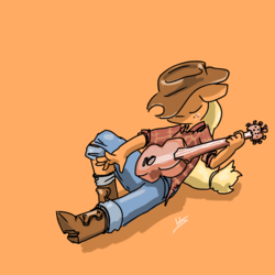 Size: 1280x1280 | Tagged: safe, artist:hotkoin, applejack, earth pony, anthro, g4, boots, clothes, female, guitar, hat, jeans, orange background, pants, plaid shirt, simple background, solo