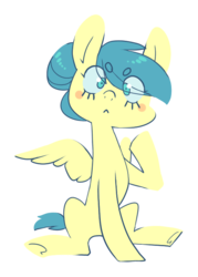 Size: 500x700 | Tagged: safe, artist:amphoera, oc, oc only, oc:venti via, pegasus, pony, beanbrows, blush sticker, blushing, cute, eyebrows, simple background, sitting, solo, spread wings, transparent background, underhoof, wings