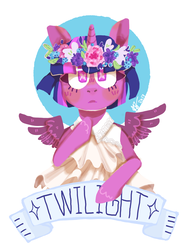 Size: 4133x5511 | Tagged: safe, artist:keursh29, twilight sparkle, alicorn, pony, g4, absurd resolution, clothes, dress, female, floral head wreath, flower, flower in hair, looking at you, mare, simple background, solo, spread wings, twilight sparkle (alicorn), white background, wingding eyes, wings