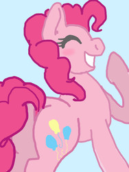 Size: 1200x1600 | Tagged: safe, artist:computercandy, pinkie pie, earth pony, pony, g4, blush sticker, blushing, butt, eyes closed, female, giggling, mare, plot, raised hoof, smiling, solo