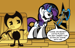 Size: 1456x939 | Tagged: safe, artist:kingtoby19, rarity, pony, unicorn, g4, axe, bendy, bendy and the ink machine, dialogue, duo, engrish, female, grammar error, ink, levitation, magic, mare, messy mane, now you fucked up, telekinesis, weapon