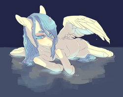 Size: 1280x1002 | Tagged: safe, artist:amphoera, oc, oc only, oc:venti via, pegasus, pony, reflection, solo, spread wings, water, wet mane, wings
