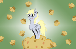 Size: 3260x2100 | Tagged: safe, artist:kirasunnight, derpy hooves, pegasus, pony, g4, chest fluff, ear fluff, female, food, gradient background, high res, mare, muffin, solo, tongue out