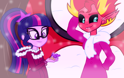 Size: 1024x647 | Tagged: dead source, safe, artist:wubcakeva, sci-twi, sunset shimmer, twilight sparkle, bird, equestria girls, g4, beauty and the beast, bundled up for winter, clothes, cute, female, glasses, hoodie, lesbian, scarf, ship:sci-twishimmer, ship:sunsetsparkle, shipping, snow, sunset satan, winter outfit