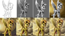 Size: 4593x2551 | Tagged: safe, artist:deltauraart, spitfire, pegasus, pony, g4, cloud, female, grin, high res, mare, progress, raised eyebrow, raised hoof, sketch, smiling, solo, spread wings, wings, wip