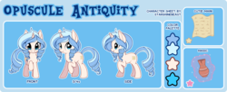 Size: 7344x2984 | Tagged: safe, artist:starshinebeast, oc, oc only, oc:opuscule antiquity, pony, absurd resolution, color palette, cutie mark, female, jar, magic, mare, reference sheet, solo