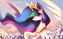 Size: 2560x1600 | Tagged: dead source, safe, artist:gianghanz, princess celestia, alicorn, pony, g4, cloud, female, flower, magic, mare, raised hoof, smiling, solo, spread wings, wings