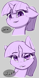 Size: 1200x2400 | Tagged: safe, artist:captainpudgemuffin, twilight sparkle, pony, unicorn, g4, alternate hairstyle, bust, cheek fluff, cute, dialogue, ear fluff, female, floppy ears, fluffy, gray background, grin, looking at you, mare, partial color, ponytail, portrait, raised eyebrow, reaction image, simple background, smiling, smirk, solo, speech bubble, twiabetes