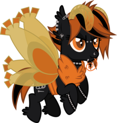 Size: 948x1001 | Tagged: safe, artist:lightningbolt, derpibooru exclusive, oc, oc only, oc:attacus, mothim, mothpony, original species, pony, g4, .svg available, antennae, choker, clandestine industries, colored sclera, ear fluff, ear piercing, earring, emo, eyebrow piercing, female, fluffy, flying, glare, grin, hair over one eye, hoof fluff, jewelry, lip piercing, mare, neck fluff, nose piercing, piercing, pokémon, proboscis, reverse trap, safety pin, short mane, short tail, show accurate, simple background, slit pupils, smiling, snake bites, solo, spiked choker, spiked wristband, svg, tongue out, transparent background, vector, wristband