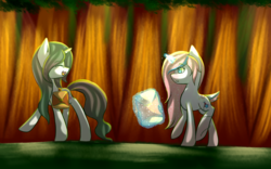 Size: 5200x3250 | Tagged: safe, artist:ladyunilove, oc, oc only, pony, unicorn, :t, absurd resolution, duo, eyes closed, female, forest, happy, levitation, looking back, magic, mare, no pupils, saddle bag, smiling, telekinesis, tree, walking