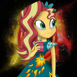 Size: 4000x4000 | Tagged: safe, artist:vicakukac200, sunset shimmer, equestria girls, g4, my little pony equestria girls: legend of everfree, absurd resolution, alternate hairstyle, clothes, crystal gala, crystal gala dress, cup, dress, drink, female, solo