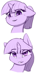 Size: 1200x2400 | Tagged: safe, artist:captainpudgemuffin, twilight sparkle, pony, unicorn, g4, alternate hairstyle, bust, cheek fluff, cute, ear fluff, exploitable meme, female, floppy ears, fluffy, grin, looking at you, mare, meme, monochrome, ponytail, portrait, raised eyebrow, reaction image, simple background, smiling, smirk, solo, template, transparent background, twiabetes