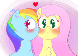 Size: 1800x1300 | Tagged: safe, artist:grapemelondrawshorses, fluttershy, rainbow dash, pony, g4, blushing, bust, cheek kiss, chest fluff, chromatic aberration, female, heart, heart eyes, kissing, lesbian, portrait, ship:flutterdash, shipping, surprise kiss, surprised, wide eyes, wingding eyes