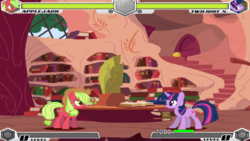 Size: 731x411 | Tagged: safe, applejack, applejack (g3), twilight sparkle, earth pony, pony, unicorn, fighting is magic, g4, golden oaks library, palette swap, recolor, youtube link