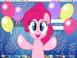 Size: 3300x2474 | Tagged: safe, artist:sapphiregamgee, pinkie pie, earth pony, pony, g4, against glass, balloon, desktop, female, fourth wall, glass, high res, looking at you, mac os, mac os x, solo