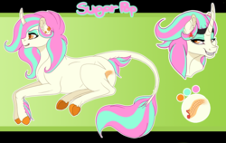 Size: 1350x855 | Tagged: safe, artist:bijutsuyoukai, oc, oc only, oc:sugar pop, classical unicorn, pony, unicorn, curved horn, female, horn, leonine tail, magical lesbian spawn, mare, offspring, parent:bon bon, parent:lyra heartstrings, parents:lyrabon, reference sheet, solo, unshorn fetlocks