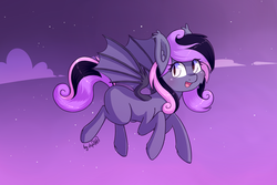 Size: 1920x1280 | Tagged: safe, artist:dsp2003, oc, oc only, oc:yael, bat pony, pony, blank flank, blushing, cloud, commission, cute, female, flying, looking at you, night, open mouth, solo, starry sky, stars