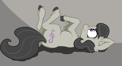Size: 2135x1165 | Tagged: safe, artist:paskanaakka, derpibooru exclusive, octavia melody, earth pony, pony, g4, abstract background, colored hooves, ear fluff, female, grumpy, looking up, on back, solo, unshorn fetlocks
