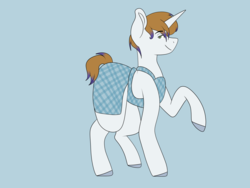 Size: 4800x3600 | Tagged: safe, artist:midnight-drip, oc, oc only, oc:melissa, pony, unicorn, absurd resolution, apron, clothes, eyebrows, eyebrows visible through hair, female, horn, looking at you, mare, offspring, parent:donut joe, parent:rarity, parents:rarijoe, raised hoof, simple background, smiling, smiling at you, solo, unicorn oc