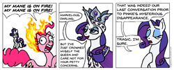 Size: 951x385 | Tagged: safe, artist:gingerfoxy, pinkie pie, princess platinum, rarity, earth pony, pony, unicorn, pony comic generator, g4, abuse, comic, crown, fire, jewelry, pinkiebuse, regalia