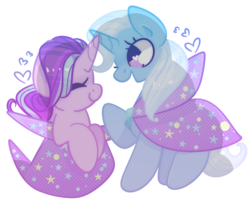 Size: 1280x1035 | Tagged: safe, artist:vivian reed, starlight glimmer, trixie, pony, unicorn, g4, cape, clothes, female, hat, heart, heart eyes, mare, ship:startrix, simple background, trixie's cape, trixie's hat, wingding eyes