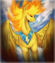 Size: 1642x1873 | Tagged: safe, artist:not-ordinary-pony, spitfire, alicorn, pony, g4, alicornified, beautiful, cloud, female, fire, majestic, mane of fire, mare, not sunset shimmer, race swap, sky, solo, spitfiery, spitfirecorn