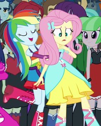 Size: 700x875 | Tagged: safe, screencap, bright idea, curly winds, fluttershy, golden hazel, indigo wreath, nolan north, rainbow dash, scribble dee, some blue guy, sophisticata, tennis match, watermelody, wiz kid, equestria girls, g4, my little pony equestria girls, background human, cropped, duo focus, eyes closed, fall formal outfits, offscreen character, open mouth, wings