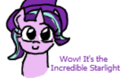 Size: 402x263 | Tagged: safe, artist:jargon scott, starlight glimmer, pony, unicorn, g4, cute, female, flockmod, glimmerbetes, hat, looking at you, meme, simple background, smiling, solo, text, white background, wizard hat, wow, wow! glimmer