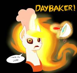 Size: 1095x1032 | Tagged: safe, artist:princesketchy, daybreaker, alicorn, pony, a royal problem, g4, my little pony: friendship is magic, baker, black background, bowl, chef's hat, dialogue, female, hat, looking at you, mane of fire, mare, pun, simple background, solo, speech, speech bubble, wingding eyes